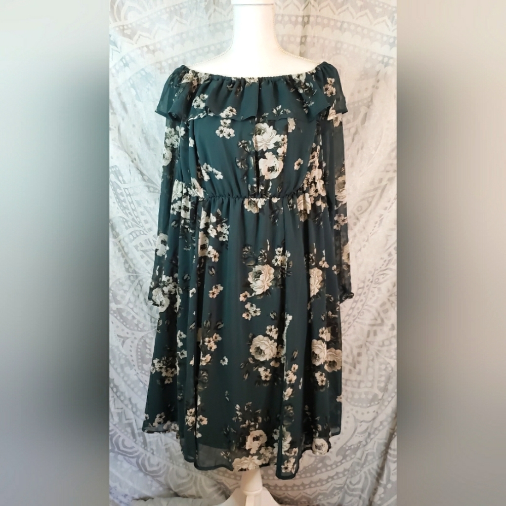 NWT Torrid Green Floral Mini Chiffon Off-Shoulder Skater Dress 14/16